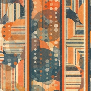70s Retro Inspired Dots and Futuristic Stripes in Vintage Orange and Slate