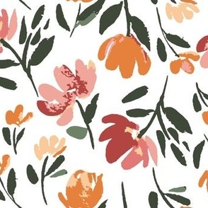 Fall floral in pink, orange and dark green on white _Medium 10 inch