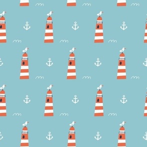 Kids Nautical Lighthouse Pattern on Blue, Small Scale