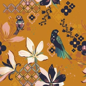 Maximalist Whimsical Birds Floral Gemstone and Geometric in Gold