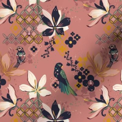 MAXimalist Whimsical Birds Floral and Geometrics in Mauve