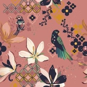 MAXimalist Whimsical Birds Floral and Geometrics in Mauve