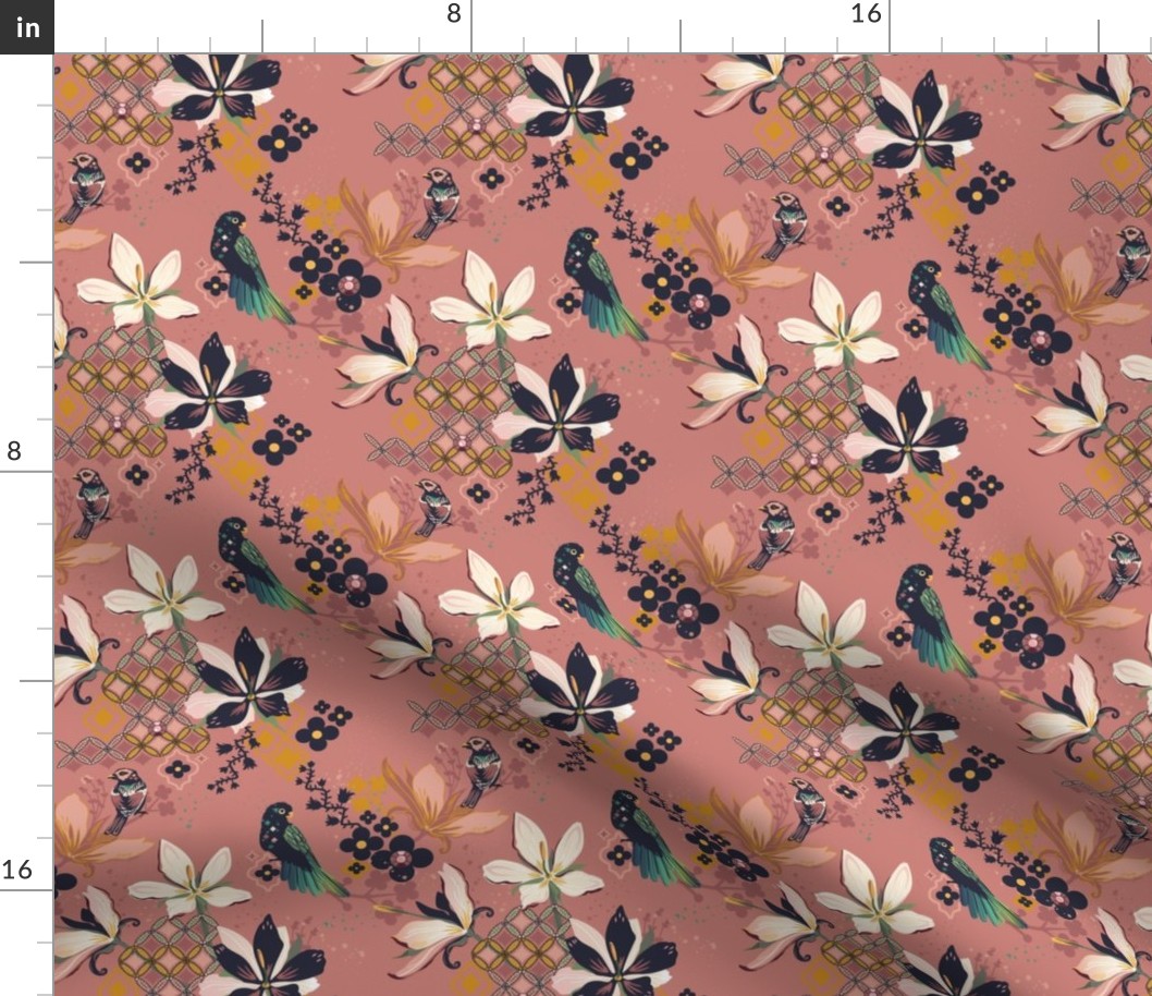 MAXimalist Whimsical Birds Floral and Geometrics in Mauve