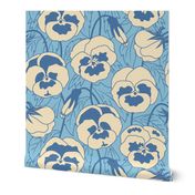 Large Retro Spring Pansy Flowers with Baby Blue Background