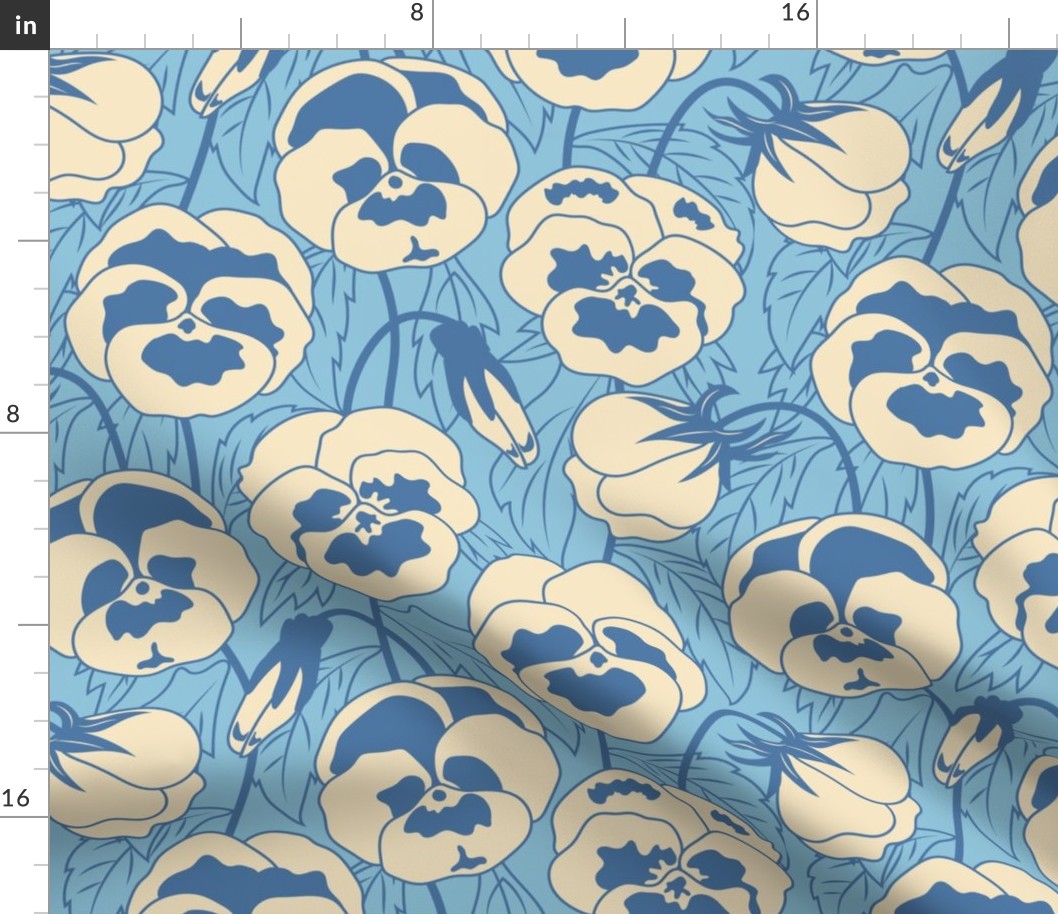 Large Retro Spring Pansy Flowers with Baby Blue Background