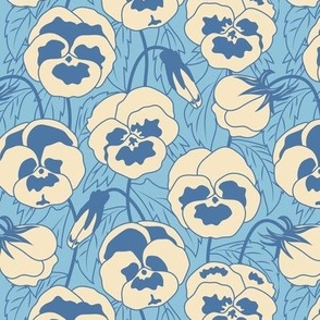 Medium Retro Spring Pansy Flowers with Baby Blue Background