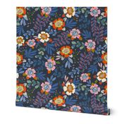 Happy Flowers: Vibrant Pink and Red Florals with Blue Foliage on black