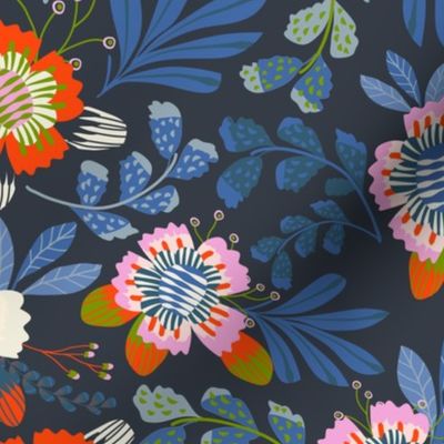 Happy Flowers: Vibrant Pink and Red Florals with Blue Foliage on black