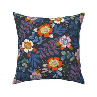 Happy Flowers: Vibrant Pink and Red Florals with Blue Foliage on black