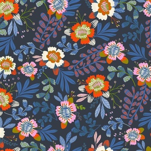 Happy Flowers: Vibrant Pink and Red Florals with Blue Foliage on black