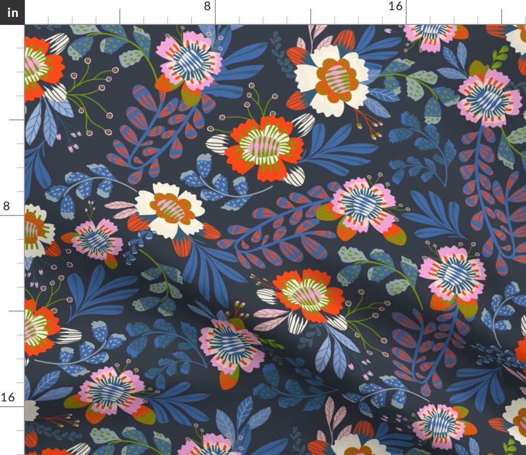 Happy Flowers: Vibrant Pink and Red Florals with Blue Foliage on black