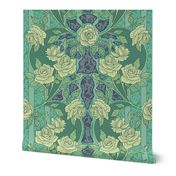 Teal/Green Art Nouveau Floral Roses & Lace