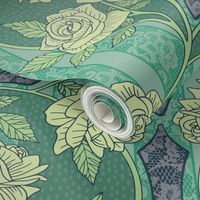 Teal/Green Art Nouveau Floral Roses & Lace