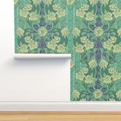 Teal/Green Art Nouveau Floral Roses & Lace