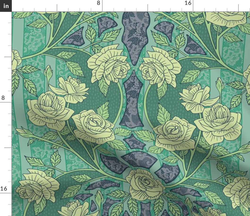 Teal/Green Art Nouveau Floral Roses & Lace