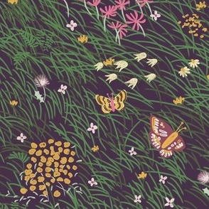 Large Painterly Meadow Floor with Grass, Flowers and Butterflies  with Dark Purple Background