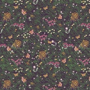 Small Painterly Meadow Floor with Grass, Flowers and Butterflies  with Dark Purple Background