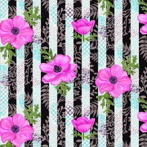  Neon Pink Flowers on Maximalist Black and White Striped - Watercolor Anemones 