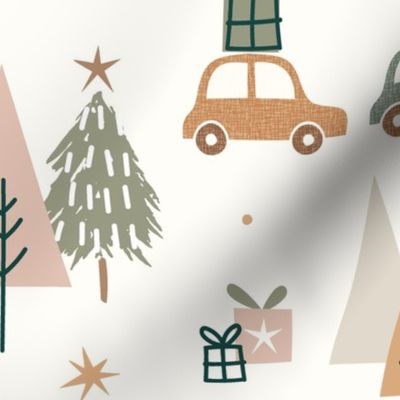 ( large ) Christmas tree, car and woodland, boho