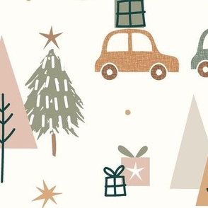 ( large ) Christmas tree, car and woodland, boho