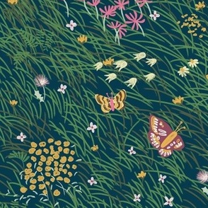 Large Painterly Meadow Floor with Grass, Flowers and Butterflies  with Prussian Blue Background