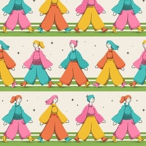 Small scale / Retro rainbow girls Pattern Parade / women’s march feminist 70s whimsical groovy bold colorful vintage fashion apparel / nostalgic 60s disco revival bright yellow orange blue green and pink hair boots
