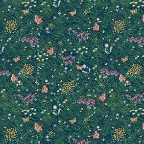 Small Painterly Meadow Floor with Grass, Flowers and Butterflies  with Prussian Blue Background