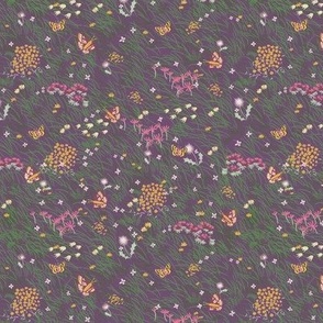 Small Painterly Meadow Floor with Grass, Flowers and Butterflies  with Dusty Purple Background
