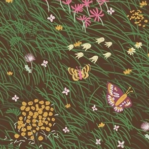 Large  Painterly Meadow Floor with Grass, Flowers and Butterflies  with Nut Brown Background