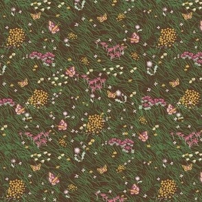Small  Painterly Meadow Floor with Grass, Flowers and Butterflies  with Nut Brown Background