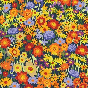 Summer wildflower meadow on Navy blue Gustav Klimt inspired fabric