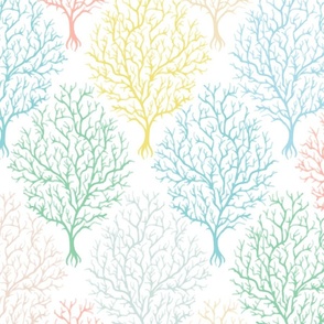 Ocean theme multi colored fan coral on white fabric and wallpaper