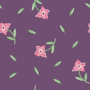 Large Scattered Painterly Pink Flowers and Leaves with Dusty Purple Background