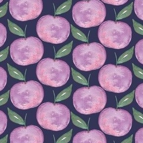 Purple plums on navy blue, watercolor fruit for kids and baby apparel