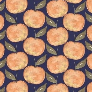 Watercolor peaches for fall, orange on navy blue, fruit picking, nursery, baby and kids apparel