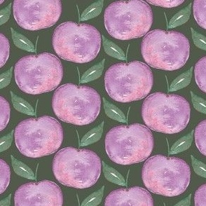 Purple plums on dark green, watercolor fruit for kids and baby apparel