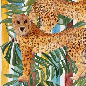 Watercolour Jungle Leopard With Foliage And Hand Painted Stripes Large