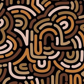 African Vibes - Funky summer Maze - retro groovy swirls and circles in brown cinnamon chocolate and beige on black