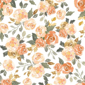 Jumbo watercolor fall floral in orange and peach on white for bed linen and wallpaper