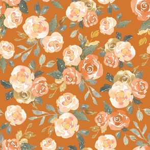 Jumbo watercolor floral in peach and orange for wallpaper, bed linen and home decor