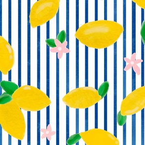 Lemons on Blue Stripes Summer Fruit Fabric Nautical Blue Linen Stripes