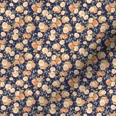 2.5 inch ditsy floral in peach, orange and navy blue, bows, dolls clothes and head bands,