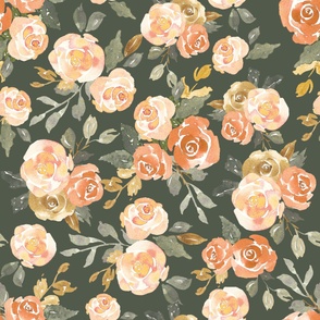 jumbo watercolour roses in peach and orange on a dark green base for wallpaper and home decor