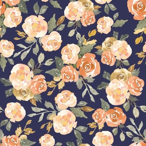 Peach, orange and navy blue watercolor floral for wallpaper and home decor, large jumbo scale
