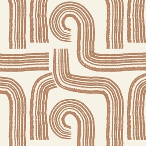 Small | Contemporary Geometric Hand-drawn Terracotta Orange Line Art in Maze Stripes Grid Design on Off-White Cream Background in Modern Minimalistic Mid-Century Aesthetic for Upholstery, Wallpaper & Timeless Scandinavian Home Décor with Neutral Color Pal