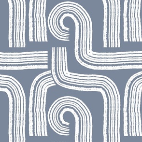 Small | Contemporary Geometric Hand-drawn White Line Art in Maze Stripes Grid Design on Light Blue Background in Modern Minimalistic Mid-Century Aesthetic for Upholstery, Wallpaper & Timeless Scandinavian Home Décor with Neutral Color Palette