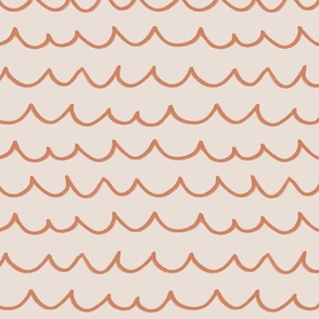 Playful Fun Sea Wave Pattern with Abstract Hand-drawn Coral Orange Wax Crayon Ocean Waves on Earthy Cream Off-White Nude in Minimalistic, Japandi, Normcore Style for Boho Home Decor, Children Nursery, Kids Wallpaper and Coastal Upholstery