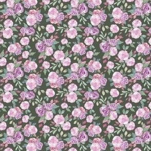 2.5 inch tiny ditsy floral with purple roses on dark green. Girly fall floral for kids, apparel, bows, dolls clothing and baby