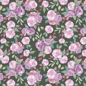4x4 inch purple watercolor roses on dark green, a fall floral for kids apparel, baby and nursery.