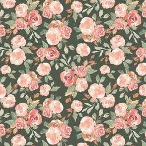 small ditsy fall floral with pink roses on dark green, for baby, nursery and girls apparel